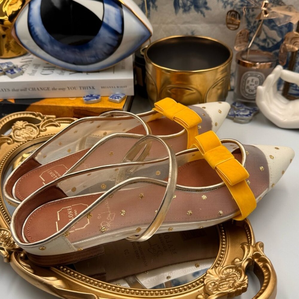 🆕 MALONE SOULIERS 🧿 BNWOB White Mesh Mules with Yellow Velvet Bow Size 39 - 9 - Picture 3 of 15